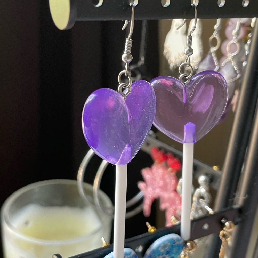 purple heart lollipop earrings